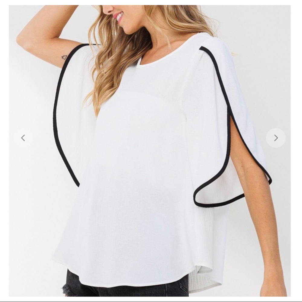 White and Black Asymmetrical Flutter Sleeve Blouse